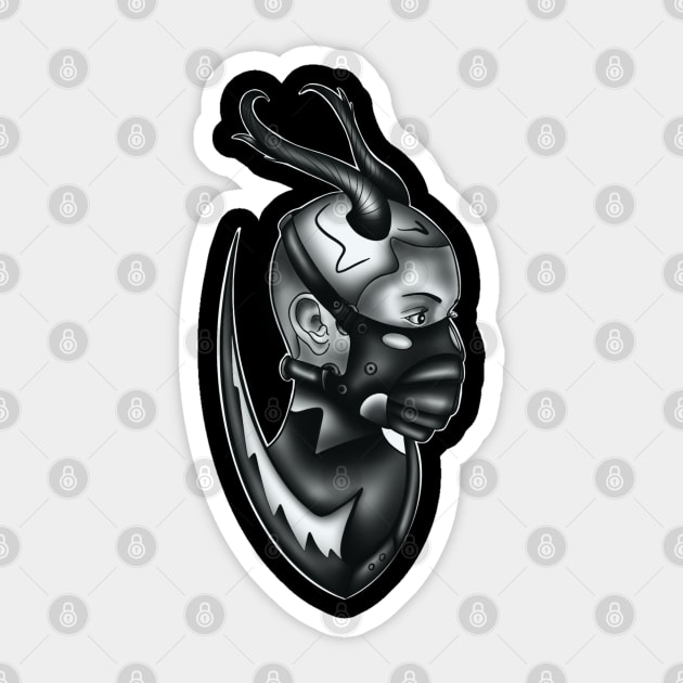 Gothic Evil Kiler Woman in Mask with Horns and Knife Dark Art Sticker by Print Art Station